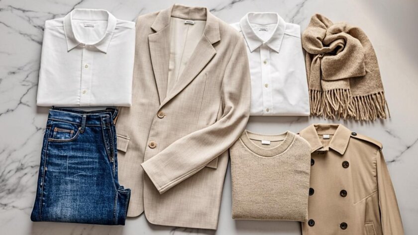 Classic wardrobe staples elegantly arranged